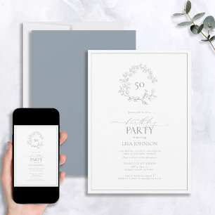 50th Birthday Modern Dusty Blue Leafy Crest Invitation