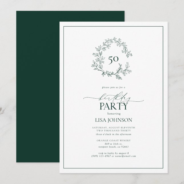 50th Birthday Modern Emerald Green Leafy Crest Invitation (Front/Back)