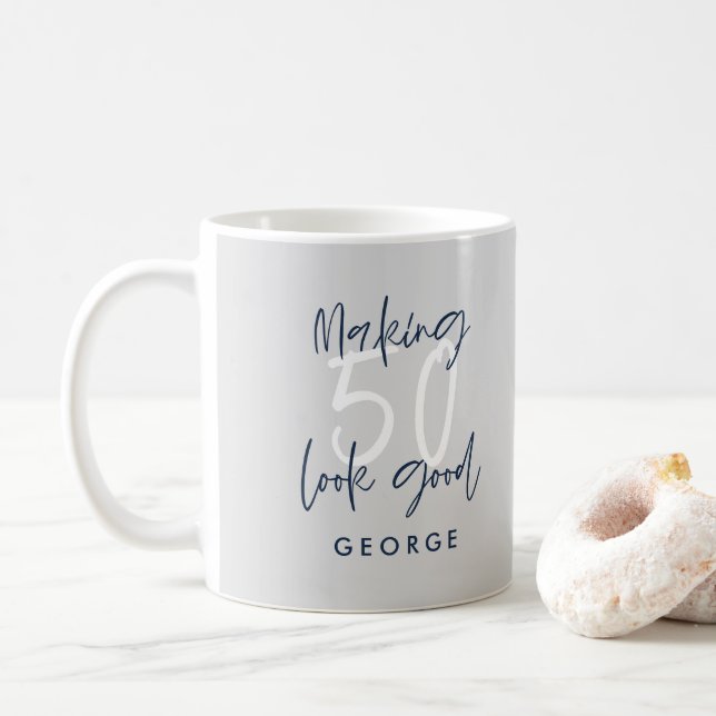50th birthday modern grey and navy blue gift coffee mug (With Donut)