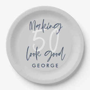 50th birthday modern grey + navy blue party paper plate