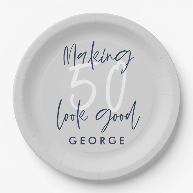 50th birthday modern grey + navy blue party paper plate (Front)