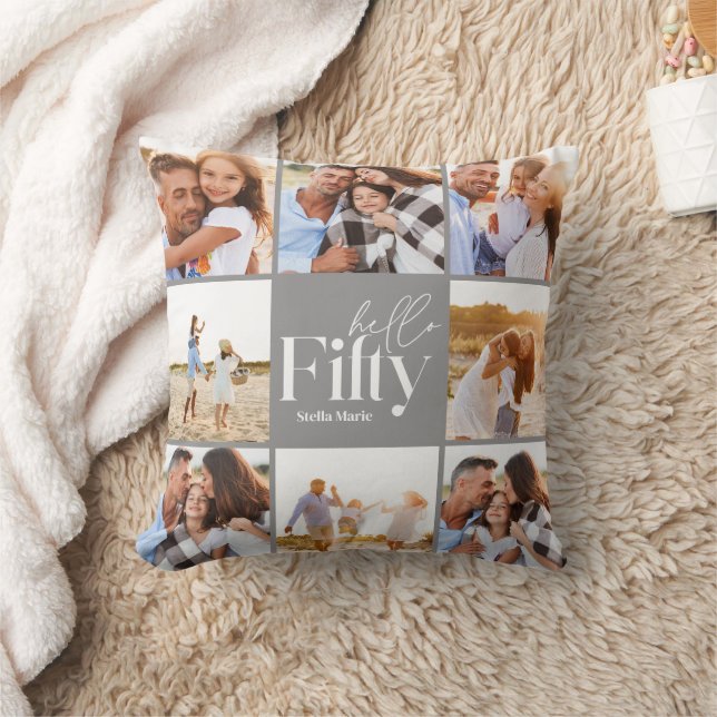 50th birthday modern grey photo collage simple throw pillow (Blanket)