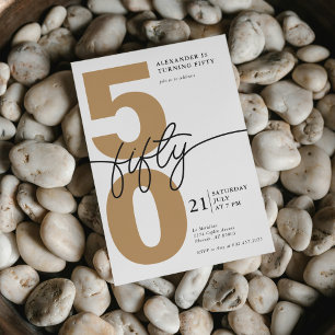 50th Birthday Modern Minimalist Black Gold Invitation