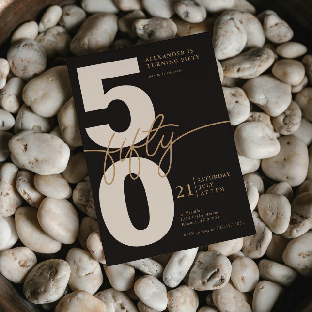 50th Birthday Modern Minimalist Black Gold Invitation (Creator Uploaded)