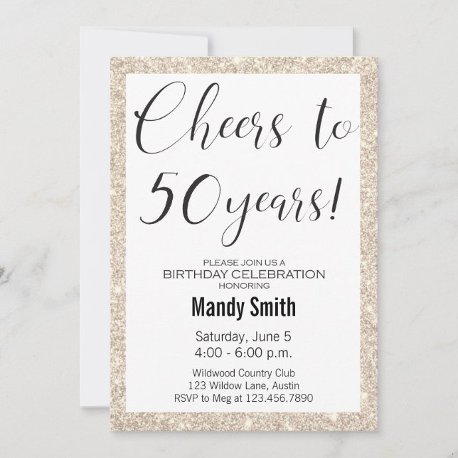 50th Birthday Modern Minimalist Glitter Gold Black Invitation (Front)