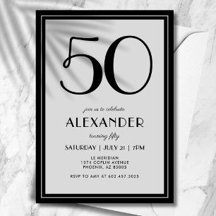 50th Birthday Modern Minimalist Mens Black Grey Invitation