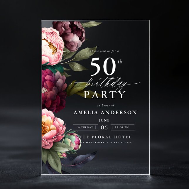 50th Birthday Modern Moody Burgundy Blush Floral Acrylic Invitations (Creator Uploaded)