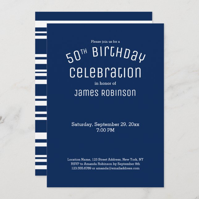 50th Birthday Modern Navy Blue Stripes Invitation (Front/Back)
