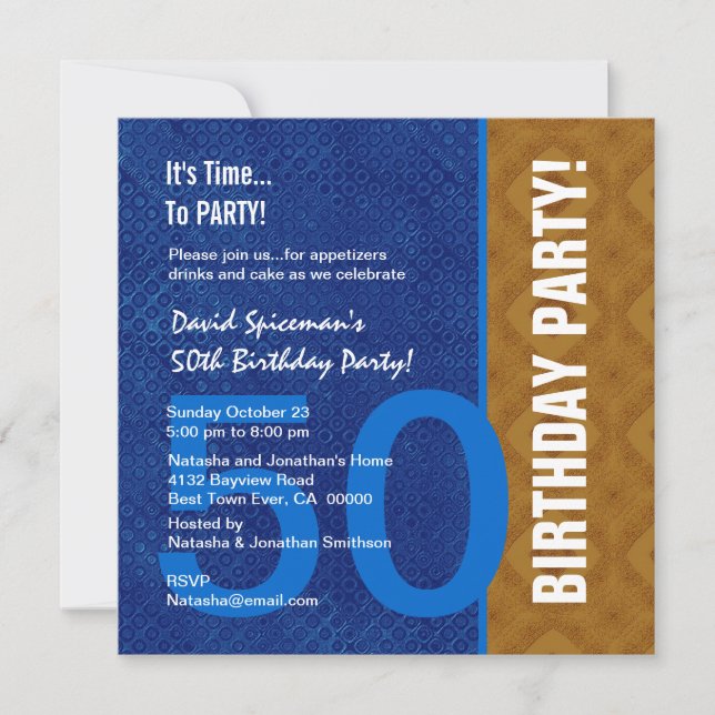 50th Birthday Modern Royal Blue and Bronze V08 Invitation (Front)