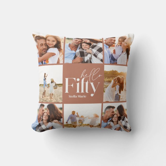 50th birthday modern terracotta photo collage throw pillow (Front)