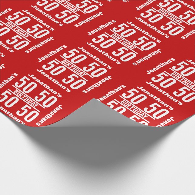 50th Birthday Modern Text Design Red White R02Z Wrapping Paper (Corner)