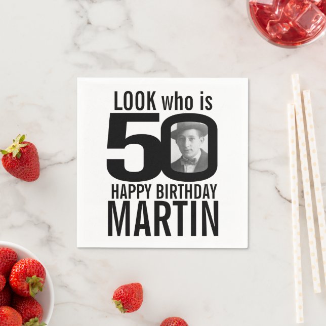 50th birthday mono look 50 custom photo and name napkin (Insitu)