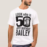 50th birthday mono look 50 custom photo and name T-Shirt<br><div class="desc">50th birthday mono, look who is 50 custom photo and name t-shirt. Fun 50th personalized photo black and white birthday tee design. Personalize this birthday shirt with a photograph of the birthday boy or girl in the middle of the number 0. Great idea for adding some fun to a milestone...</div>