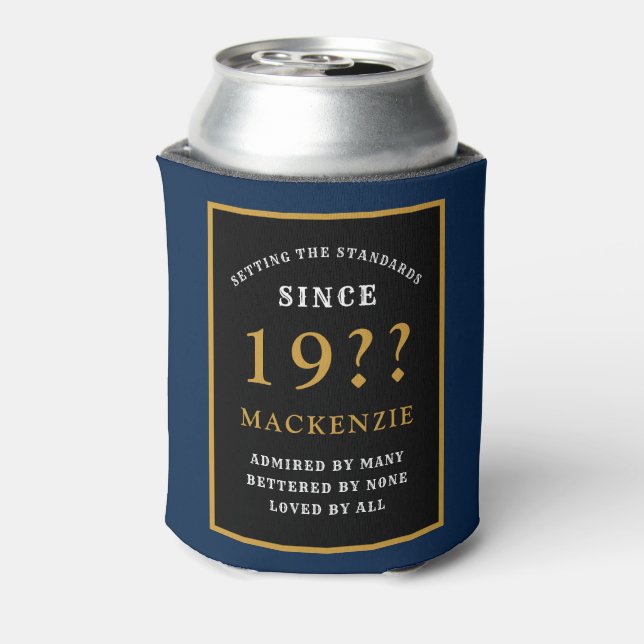 50th Birthday Monogram And Year Elegant Blue Can Cooler (Can Back)
