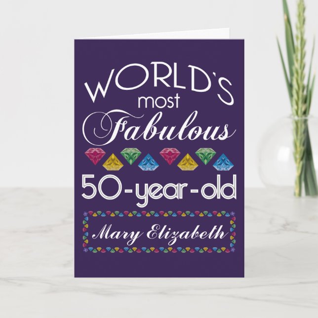 50th Birthday Most Fabulous Colorful Gems Purple Card (Front)