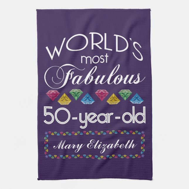 50th Birthday Most Fabulous Colorful Gems Purple Kitchen Towel (Vertical)