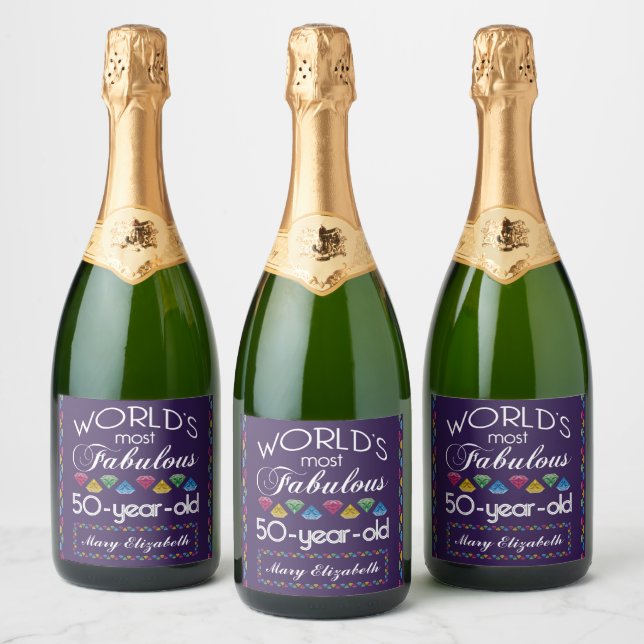 50th Birthday Most Fabulous Colourful Gems Purple Sparkling Wine Label (Bottles)