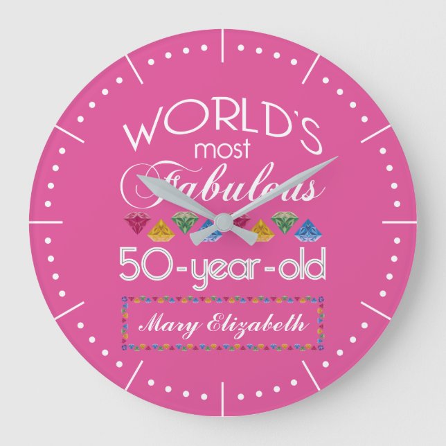 50th Birthday Most Fabulous Gems Raspberry Pink Large Clock (Front)