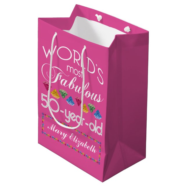 50th Birthday Most Fabulous Gems Raspberry Pink Medium Gift Bag (Front Angled)