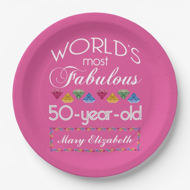 50th Birthday Most Fabulous Gems Raspberry Pink Paper Plate (Front)