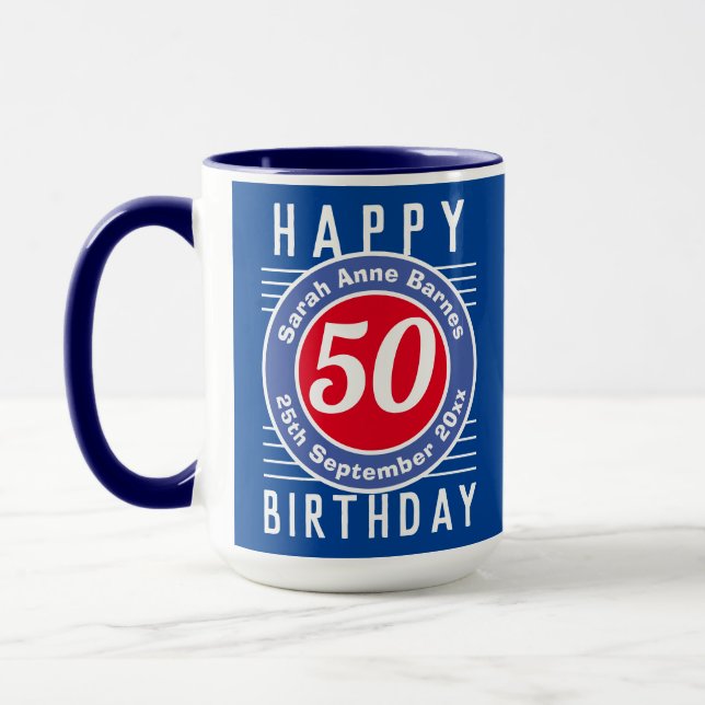 50th Birthday Mug with Age, Name, & Date (Left)
