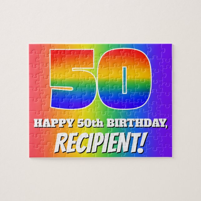 50th Birthday — Multicolored Rainbow Pattern “50” Jigsaw Puzzle (Horizontal)