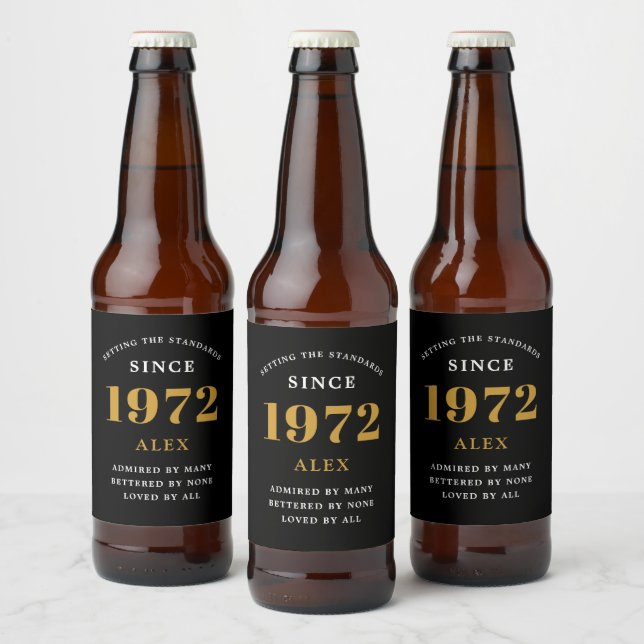 50th Birthday Name 1972 Black Gold Elegant Chic Beer Bottle Label (Bottles)