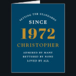 50th Birthday Name 1972 Blue Gold Elegant Card<br><div class="desc">A personalized chic birthday card that is easy to customize for that special occasion.</div>