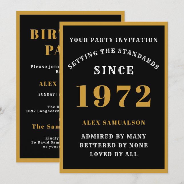 50th Birthday Name 1972 Elegant Chic Black Gold Invitation (Front/Back)