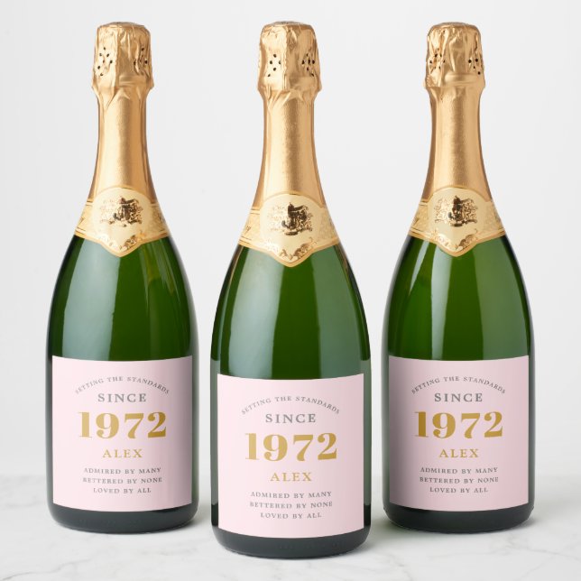 50th Birthday Name 1972 Pink Grey Elegant Chic Sparkling Wine Label (Bottles)