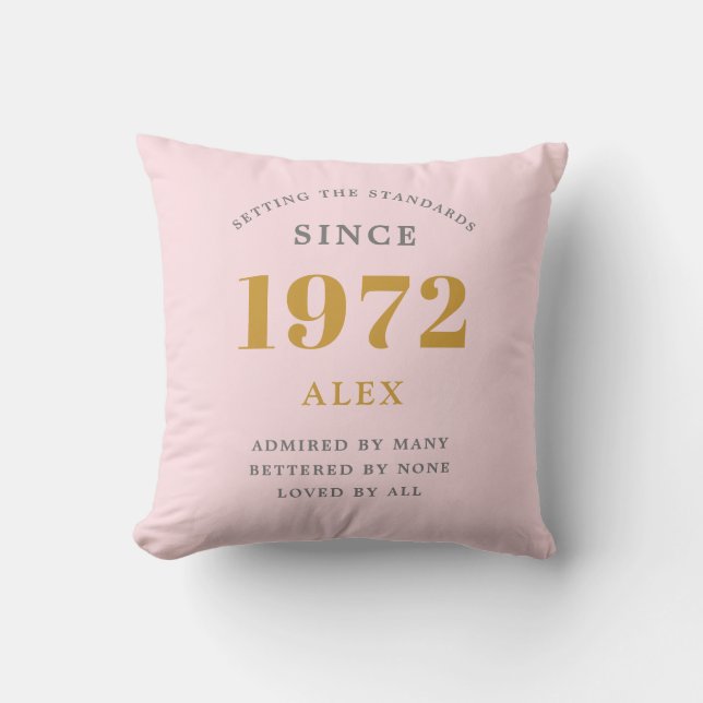 50th Birthday Name 1972 Pink Grey Elegant Chic Throw Pillow (Front)
