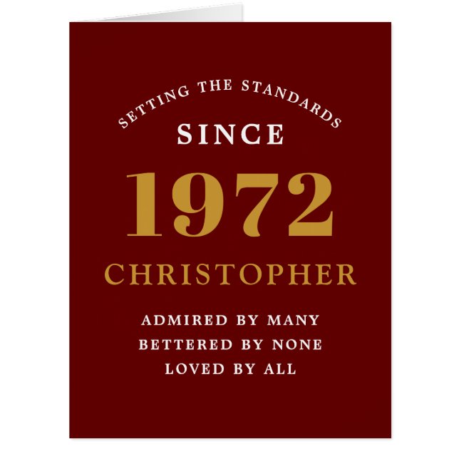 50th Birthday Name 1972 Red Gold Elegant Card (Front)