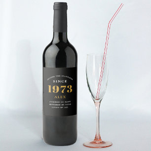 50th Birthday Name 1973 Black Gold Elegant Wine Label