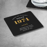 50th Birthday Name 1974 Black Gold Elegant Chic Square Paper Coaster<br><div class="desc">Premium 50th Birthday Black and Gold Personalized Paper Coasters - Celebration Elegance. Celebrate a milestone birthday in style with our chic, premium-quality, 50th Birthday paper coasters. Exquisitely designed with a striking black and gold colour scheme, these coasters add a touch of luxury and sophistication to any 50th birthday bash. Express...</div>