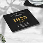 50th Birthday Name 1975 Black Gold Elegant Chic Square Paper Coaster<br><div class="desc">Premium 50th Birthday Black and Gold Personalized Paper Coasters - Celebration Elegance. Celebrate a milestone birthday in style with our chic, premium-quality, 50th Birthday paper coasters. Exquisitely designed with a striking black and gold colour scheme, these coasters add a touch of luxury and sophistication to any 50th birthday bash. Express...</div>