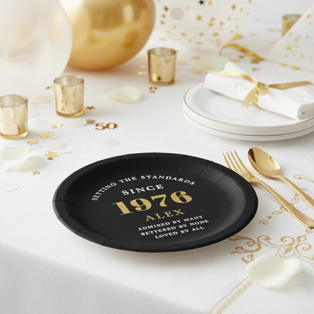 50th Birthday Name 1976 Black Gold Elegant Chic Paper Plate (1976 black, birthday paper plate. White background. )
