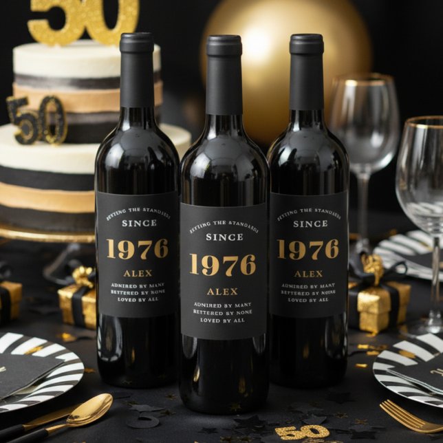 50th Birthday Name 1976 Black Gold Elegant Chic Wine Label (1976 wine bottle labels on a table. )