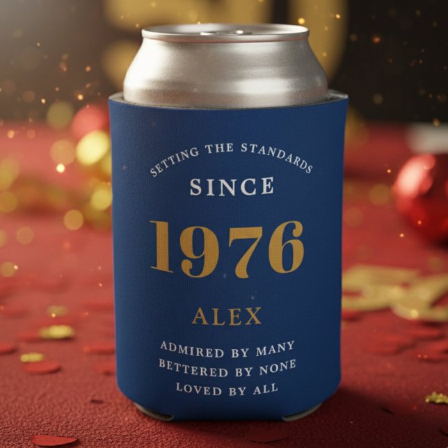 50th Birthday Name 1976 Blue Gold Elegant Chic Can Cooler (Blue 1976 Can cooler on a red cloth background.)