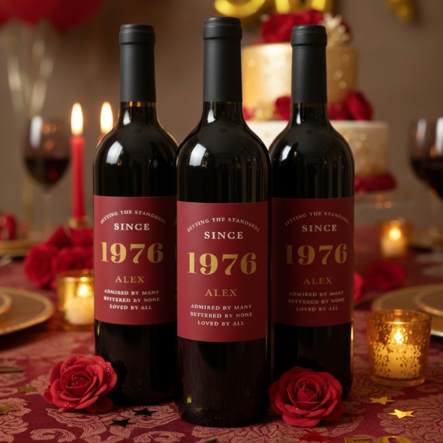 50th Birthday Name 1976 Red Gold Elegant Chic Wine Label (50th birthday red wine bottle labels on dark wine bottles.)