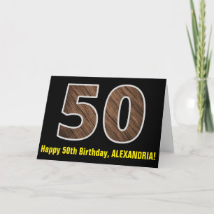50th Birthday: Name + Faux Wood Grain Pattern "50" Card
