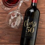 50th Birthday name personalized cheers gold black<br><div class="desc">Modern gold typography script cheers to 50 years birthday party personalized black wine label.</div>