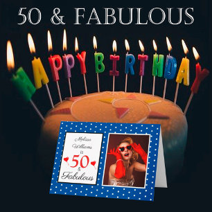 50th Birthday Name Photo 50 & Fabulous Blue White Card