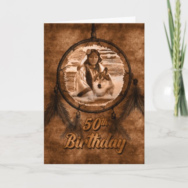 50th Birthday Native American Theme with Wolf Card (Front)