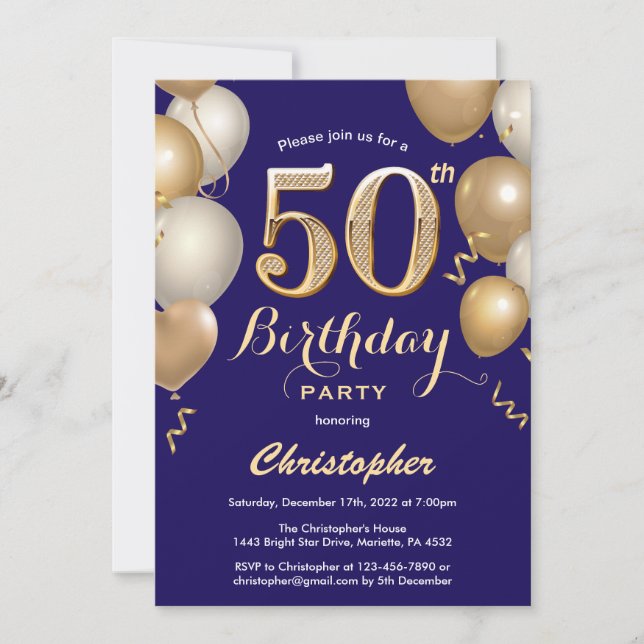 50th Birthday Navy Blue and Gold Balloons Confetti Invitation (Front)