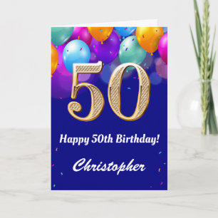 50th Birthday Navy Blue and Gold Colourful Balloon Card