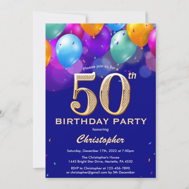 50th Birthday Navy Blue and Gold Colourful Balloon Invitation (Front)