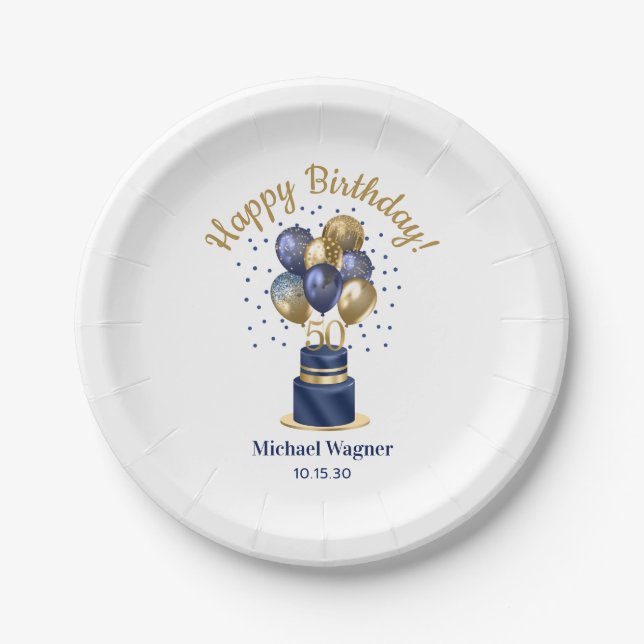 50th Birthday Navy Blue Balloon Cake Paper Plate (Front)