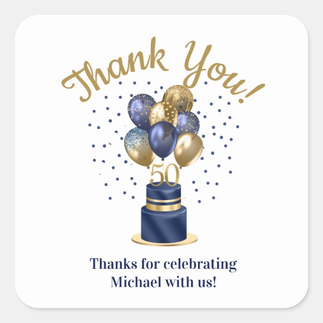 50th Birthday Navy Blue Balloon Cake Thank You Square Sticker (Front)