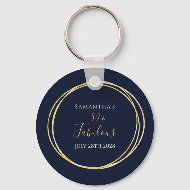 50th Birthday Navy Blue Gold Birthday Party Favour Keychain (Front)