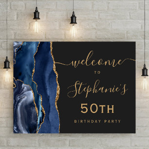 50th Birthday Navy Blue Gold Dark Agate Welcome Poster